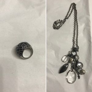 ‼️ Black/Silver Ring & Long Charms Necklace‼️